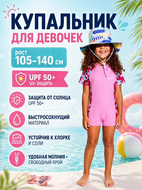 Купальник детский для девочек слитный с защитой от солнца UV SPF - 