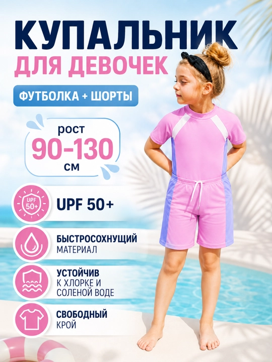 Купальник детский раздельный для девочек с UV защитой SPF комплект - 