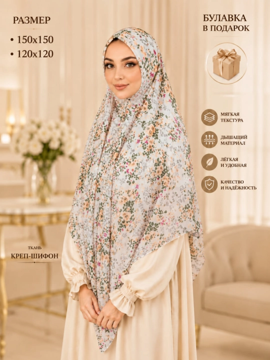 Платок женский на голову, женские платки, хиджабы, 120 х 120, 150 х 150 см - 