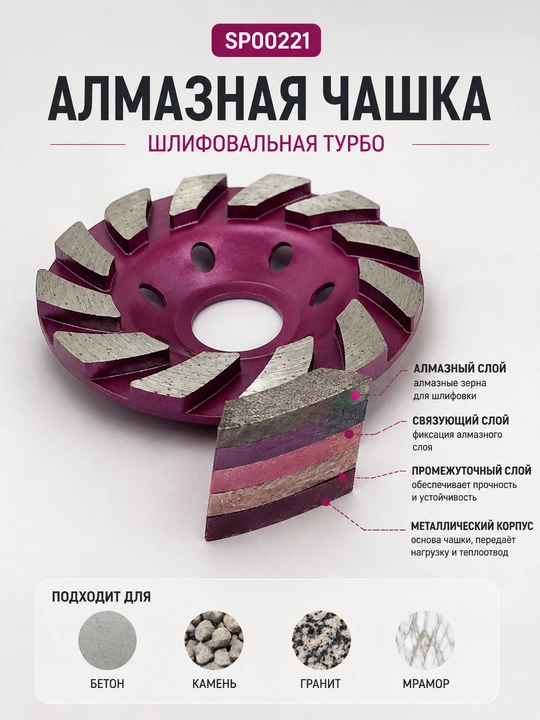 Алмазная чашка Cup Wheel для шлифовки бетона и камня