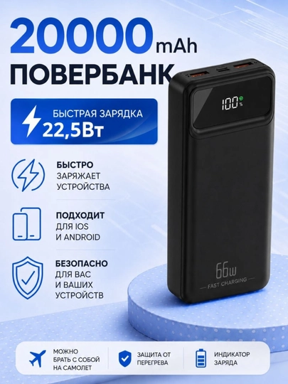 Внешний аккумулятор Power Bank 20000mA 66W с быстрой зарядкой +4 кабеля