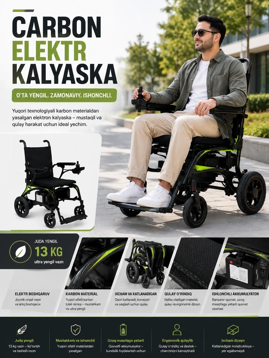 Yengil va yig‘iladigan elektr nogironlar aravachasi-karbon elektr kalyaska - 