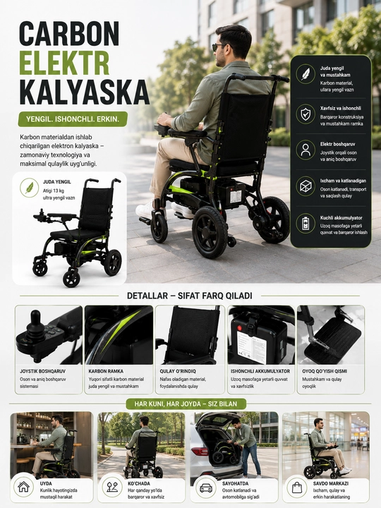 Yengil va yig‘iladigan elektr nogironlar aravachasi-karbon elektr kalyaska