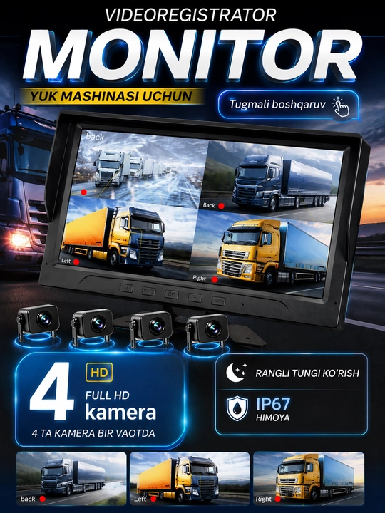 Yuk mashinasi uchun videoregistrator TOMBOSS 4 kamera Full HD IP67 monitorli, tugmali - 