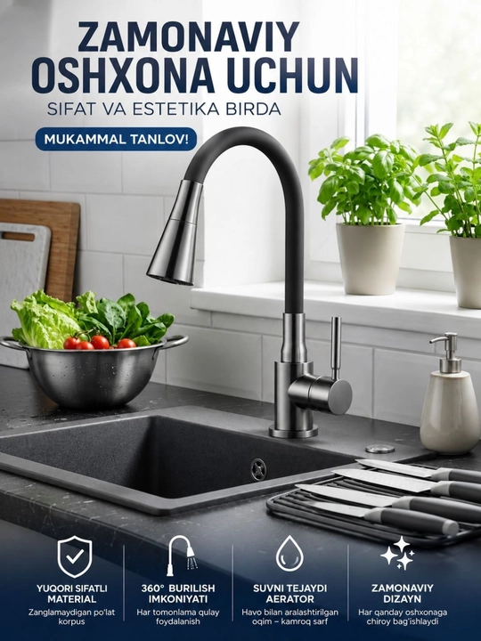 Oshxona krani, oshxona smesiteli, 360° kran, lavabo krani, zanglamas po'lat kran - 