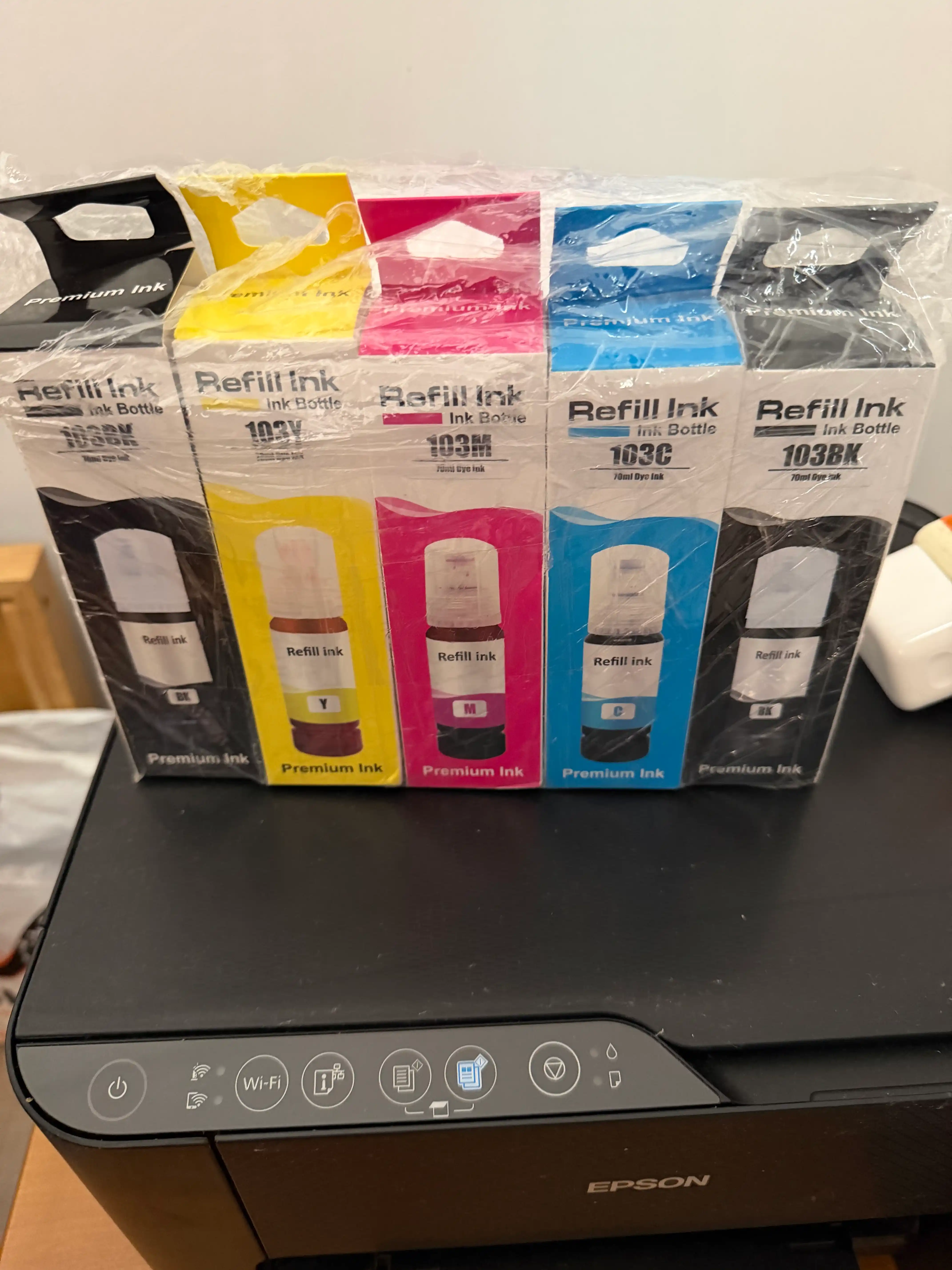 Siyoh Epson 103, l3150, l3250, 103 EcoTank printer bo'yog'i, 4 rang + 1 qora sovga