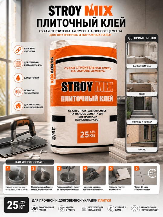 STROY MIX Plitka yelimi 25 kg, sement asosidagi kafel va keramik plitka uchun  yelimi - 