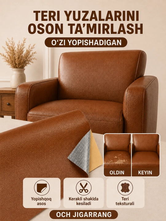 Yelimli sun’iy charm, mebel va avtomobil o‘rindiqlarini ta’mirlash uchun - 