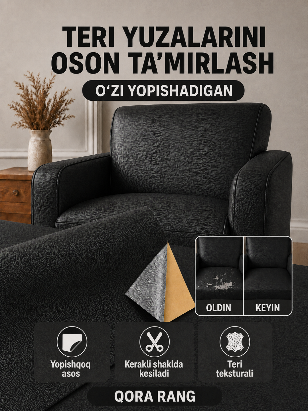 Yelimli sun’iy charm, mebel va avtomobil o‘rindiqlarini ta’mirlash uchun - 