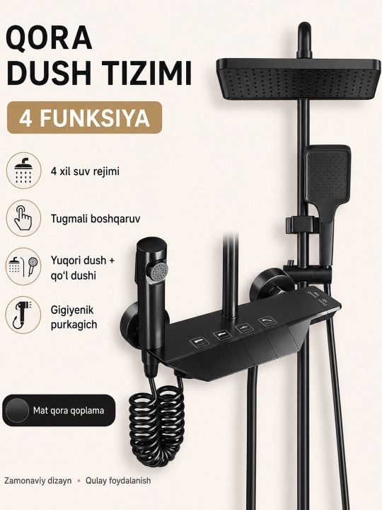 Dush tizimi 4-in-1, yuqori dush, qo‘l dushi, gigiyenik dush, tugmali boshqaruv - 