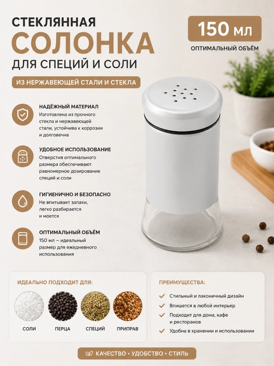 Солонка стеклянная для специй из нержавеющей стали и стекла, 150 мл - 
