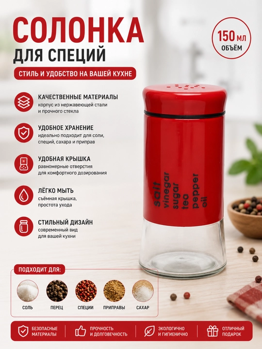Солонка стеклянная для специй из нержавеющей стали и стекла, 150 мл - 
