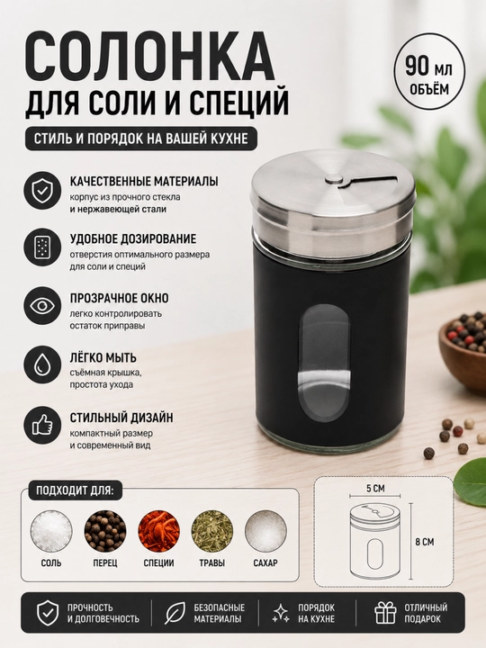 Солонка, перечница, емкость для соли и специй, 8 см, 90 мл - 