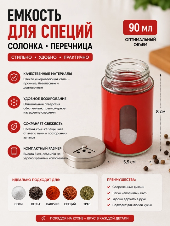 Солонка, перечница, емкость для соли и специй, 8 см, 90 мл - 