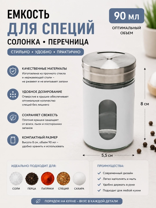Солонка, перечница, емкость для соли и специй, 8 см, 90 мл - 