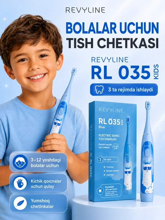 Bolalar uchun elektr tovushli tish cho‘tkasi Revyline RL 035 Kids, 3 rejim, 3–12 yosh