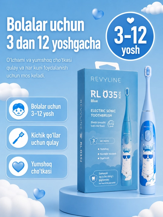 Bolalar uchun elektr tovushli tish cho‘tkasi Revyline RL 035 Kids, 3 rejim, 3–12 yosh