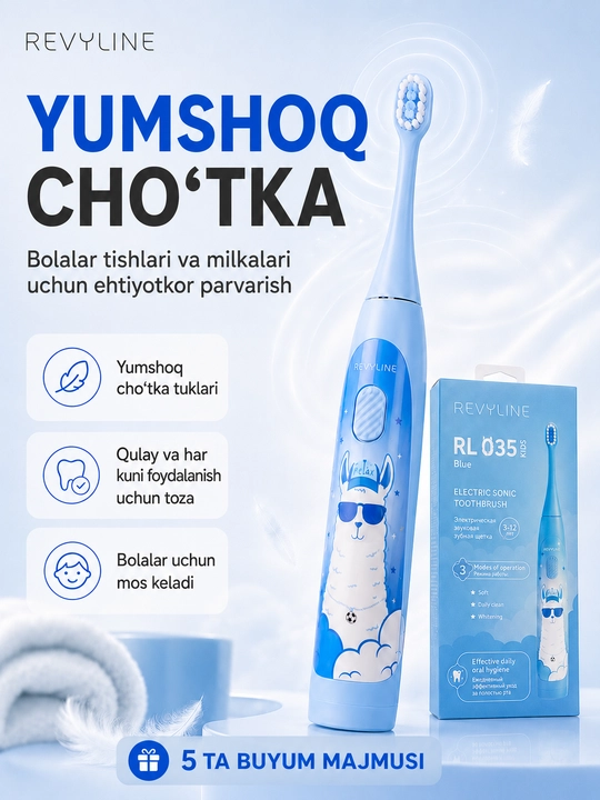 Bolalar uchun elektr tovushli tish cho‘tkasi Revyline RL 035 Kids, 3 rejim, 3–12 yosh