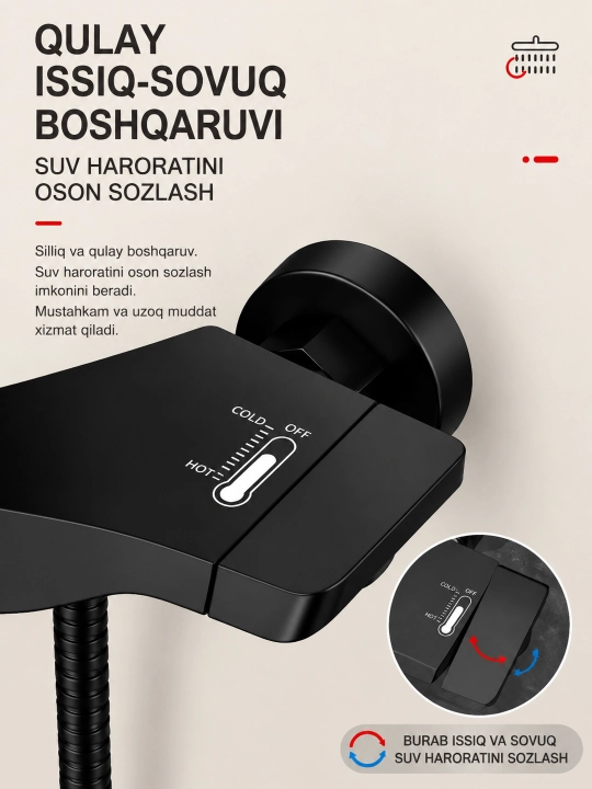 Dush tizimi 4-in-1, yuqori dush, qo‘l dushi, gigiyenik dush, tugmali boshqaruv