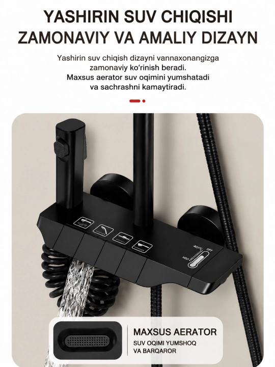 Dush tizimi 4-in-1, yuqori dush, qo‘l dushi, gigiyenik dush, tugmali boshqaruv