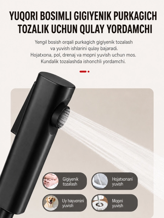 Dush tizimi 4-in-1, yuqori dush, qo‘l dushi, gigiyenik dush, tugmali boshqaruv