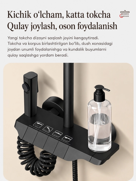 Dush tizimi 4-in-1, yuqori dush, qo‘l dushi, gigiyenik dush, tugmali boshqaruv