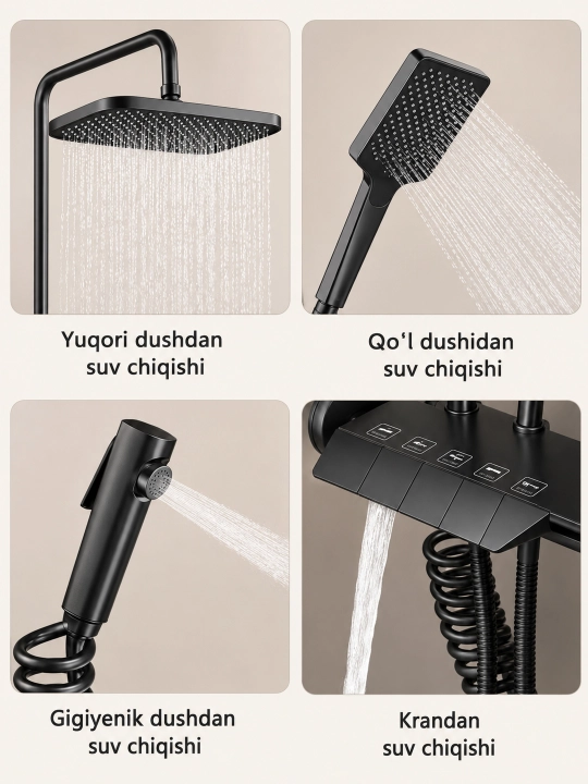 Dush tizimi 4-in-1, yuqori dush, qo‘l dushi, gigiyenik dush, tugmali boshqaruv