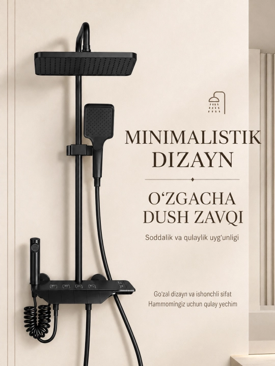 Dush tizimi 4-in-1, yuqori dush, qo‘l dushi, gigiyenik dush, tugmali boshqaruv