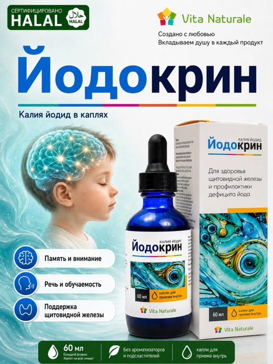 Yodokrin, ichga qabul qilish uchun tomchidagi yod, 1 tomchida 50 mkg, flakon 60 ml - 