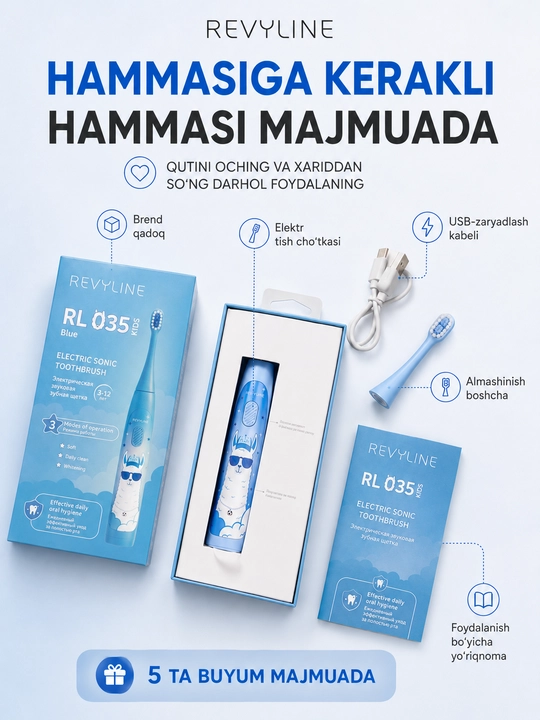 Bolalar uchun elektr tovushli tish cho‘tkasi Revyline RL 035 Kids, 3 rejim, 3–12 yosh