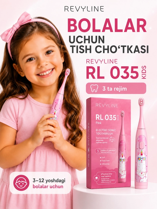 Bolalar uchun elektr tovushli tish cho‘tkasi Revyline RL 035 Kids, 3 rejim, 3–12 yosh