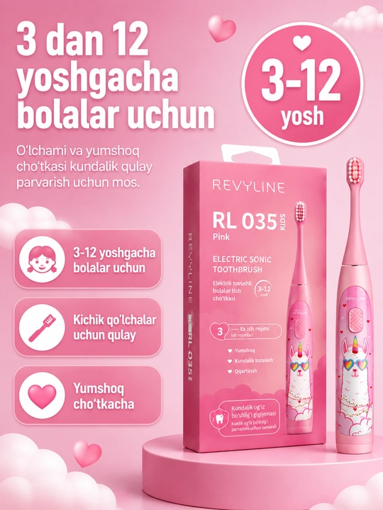 Bolalar uchun elektr tovushli tish cho‘tkasi Revyline RL 035 Kids, 3 rejim, 3–12 yosh