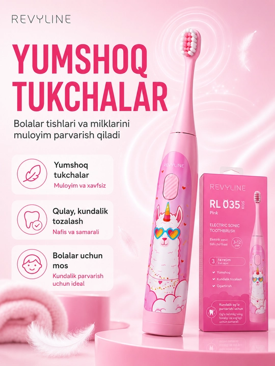 Bolalar uchun elektr tovushli tish cho‘tkasi Revyline RL 035 Kids, 3 rejim, 3–12 yosh