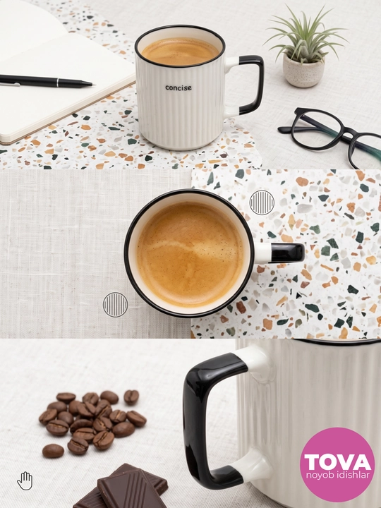 Uy va ofis uchun keramik krujka, taram-taram, qora hoshiyali, 400 ml