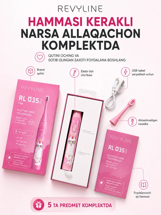 Bolalar uchun elektr tovushli tish cho‘tkasi Revyline RL 035 Kids, 3 rejim, 3–12 yosh