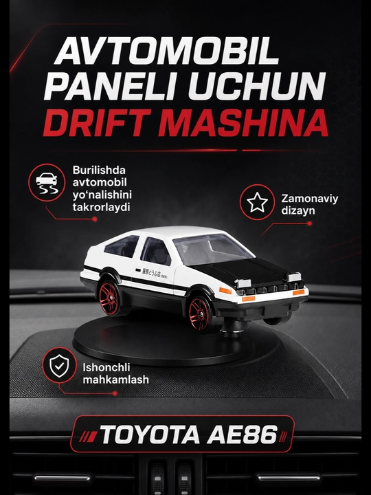 Drift mashinasi Toyota AE86 (JDM) — torpeda va avtomobil paneli uchun 360° aylanuvchi bezak, haydovchiga sovg'a - 