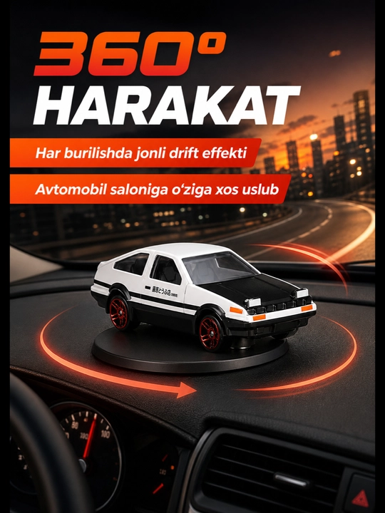 Drift mashinasi Toyota AE86 (JDM) — torpeda va avtomobil paneli uchun 360° aylanuvchi bezak, haydovchiga sovg'a