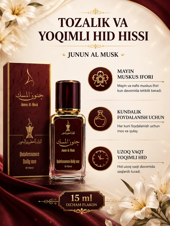 Ayollar uchun feramonli muskus atiri Junun Al Musk, 15 ml, parfyumeriya moyi