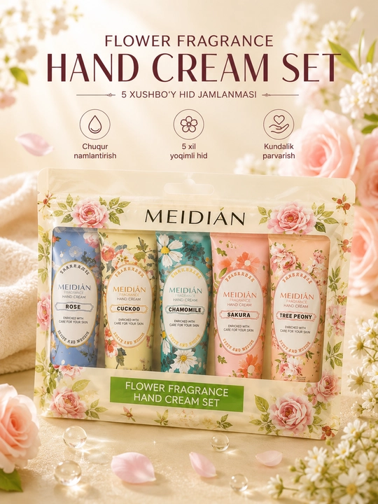 MEIDIAN Flower Fragrance Hand Cream Set – 5 xil xushbo'y hidli qo'l krem to'plami - 