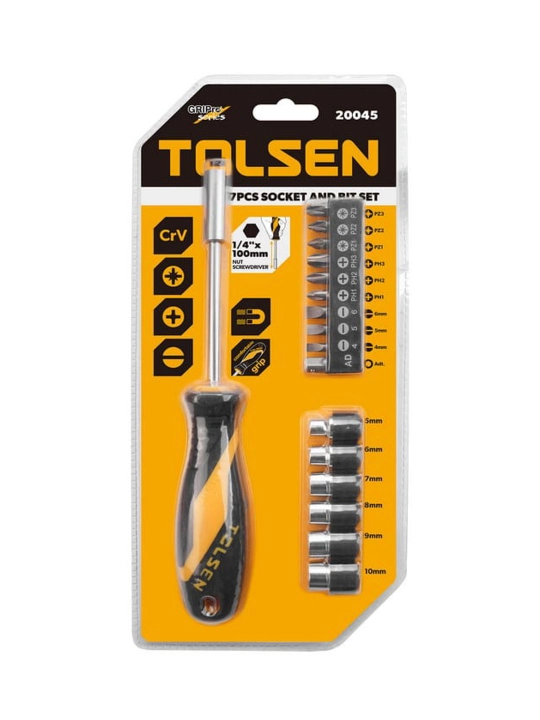 Отвертка с головками и битами TOLSEN 1/4" 25 мм, переходник, 17 пр 20045