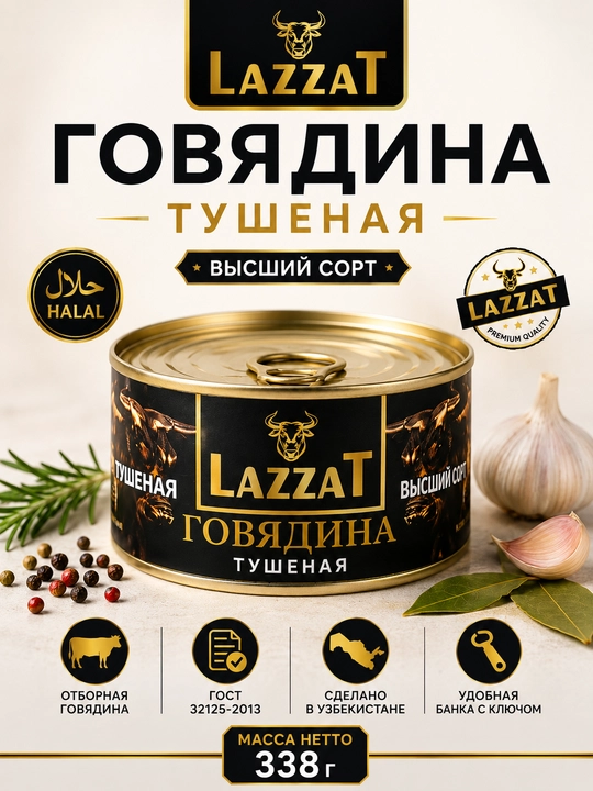 Говядина тушеная LAZZAT, высший сорт, ГОСТ 32125-2013, 338 г, мясные консервы - 