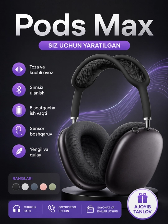 Pods Max simsiz Bluetooth quloqchin, sensor boshqaruvli, chuqur bass - 