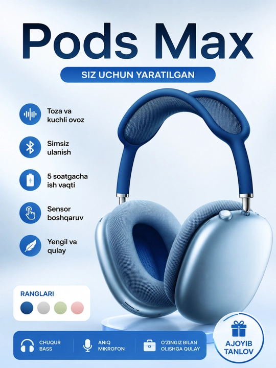 Pods Max simsiz Bluetooth quloqchin, sensor boshqaruvli, chuqur bass - 