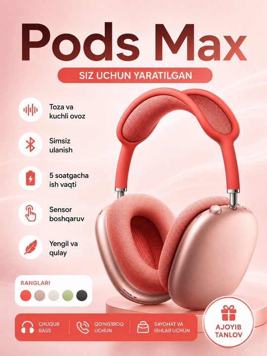 Pods Max simsiz Bluetooth quloqchin, sensor boshqaruvli, chuqur bass - 