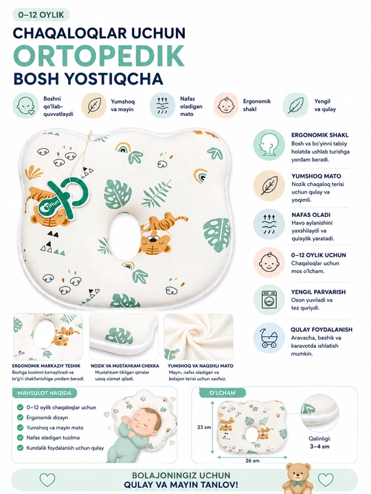 0-12 oylik chaqaloqlar uchun ortopedik bosh yostiqcha, yangi tug'ilgan chaqaloq yostig'i
