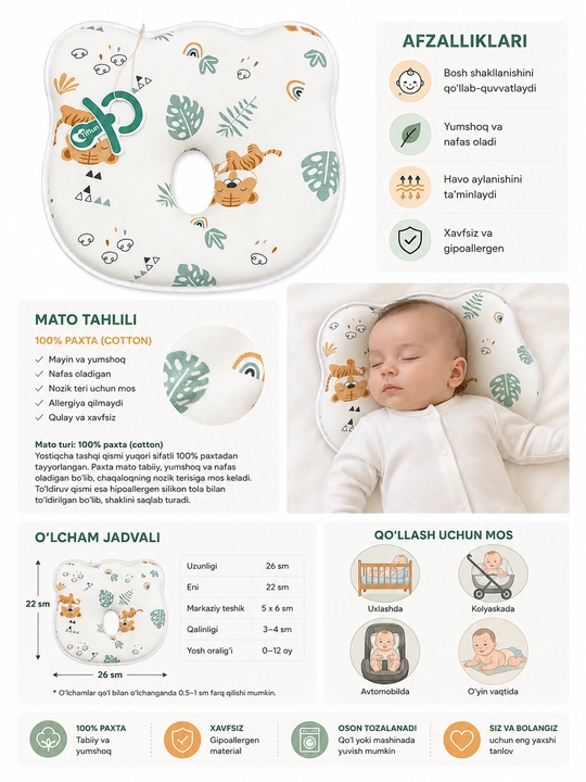 0-12 oylik chaqaloqlar uchun ortopedik bosh yostiqcha, yangi tug'ilgan chaqaloq yostig'i