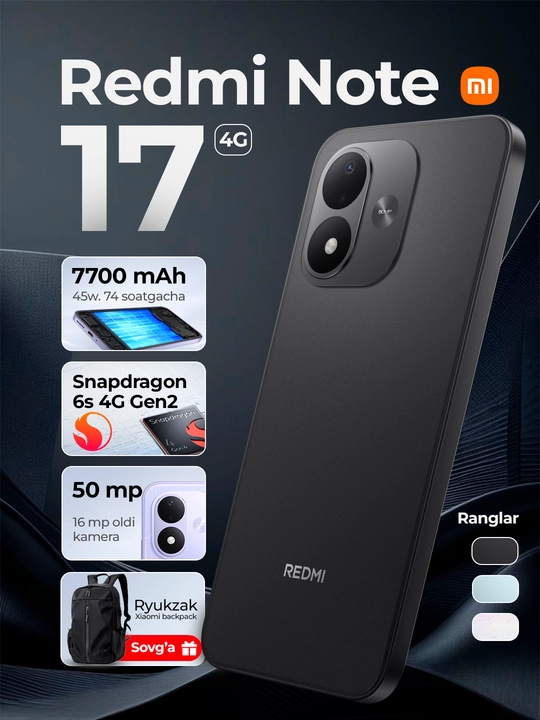 Телефон Redmi Note 17 4g, 7700 мАч 45вт, AMOLED 120Гц, Snapdragon 6s 4G Gen2 + Подарок - 