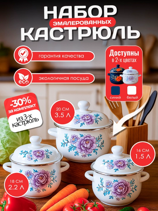 Набор эмалевых кастрюль, с крышками, кастрюли для кухни, 1.5, 2.2, 3.5 л - 