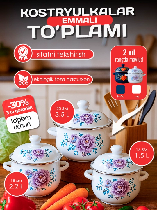 Набор эмалевых кастрюль, с крышками, кастрюли для кухни, 1.5, 2.2, 3.5 л
