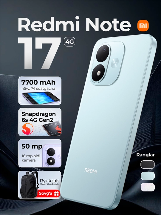 Телефон Redmi Note 17 4g, 7700 мАч 45вт, AMOLED 120Гц, Snapdragon 6s 4G Gen2 + Подарок - 